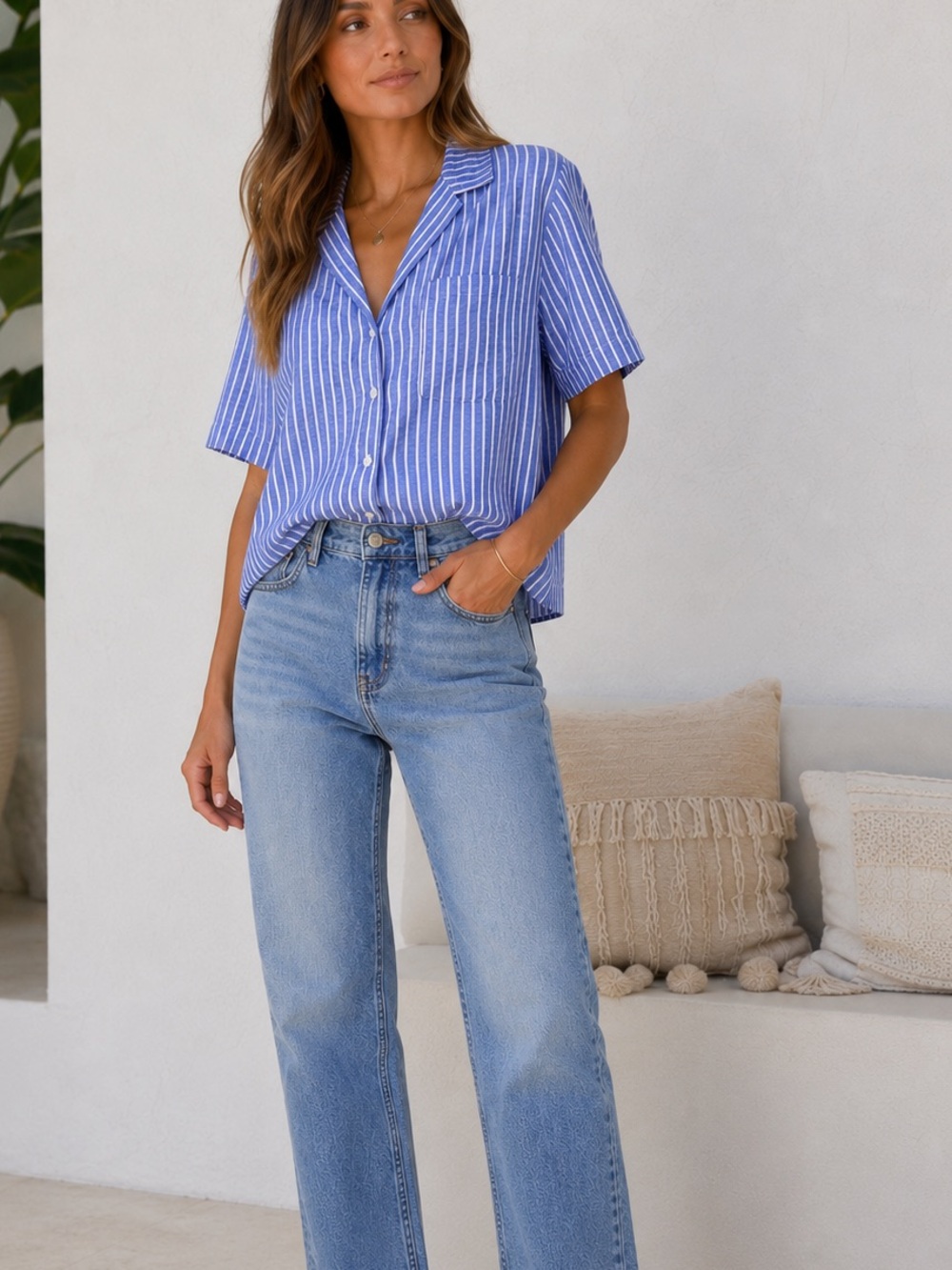 Trovata Linen Blend Blue & White Striped Camp Shirt Medium NWT Quality Fabric